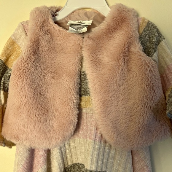 Rare Editions Toddler Dress 2T Faux Fur Vest Pastel Stripped Bell Sleeve Flowy - Picture 3 of 17